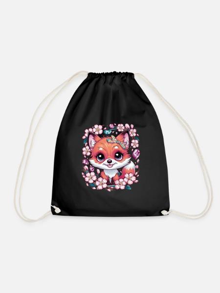 Kawaii Fuchs mit Sakura Kirschblüten - Turnbeutel - Schwarz