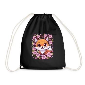 Kawaii Fox with Sakura Cherry Blossoms - Drawstring Bag - black - Front