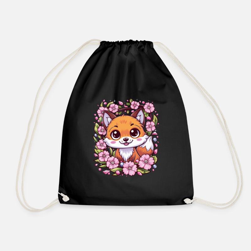 Kawaii Fuchs mit Sakura Kirschblüten - Turnbeutel - Schwarz