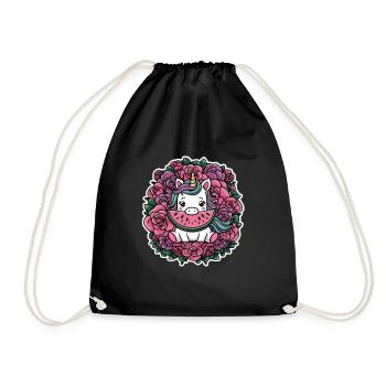 Kawaii Einhorn mit Rosen und Melone - Turnbeutel - Schwarz - Vorne