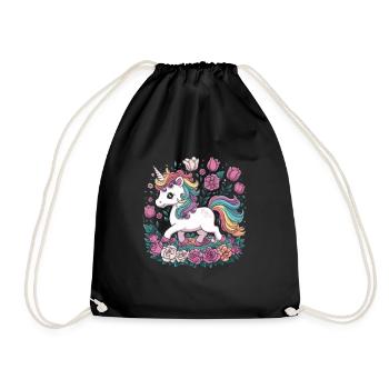 Kawaii Unicorn with Roses and Tulips - Drawstring Bag - black - Front