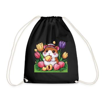 Cartoon Kawaii Hamster with Tulips and Peaches - Drawstring Bag - black - Front