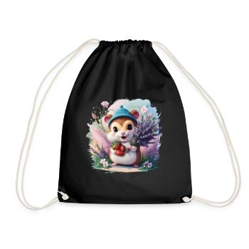 Kawaii Hamster mit Erdbeeren und Lavendel - Turnbeutel - Schwarz - Vorne