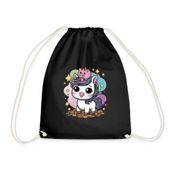 Cool Kawaii Unicorn with Piggy Bank - Drawstring Bag - black - Front