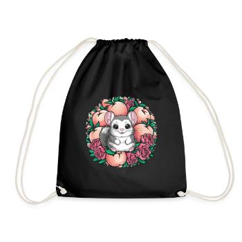 Cartoon Kawaii Chinchilla with Roses and Peach - Drawstring Bag - black - Front