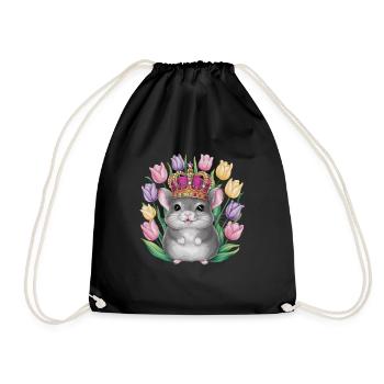 Kawaii Chinchilla mit Krone und bunten Tulpen - Turnbeutel - Schwarz - Vorne