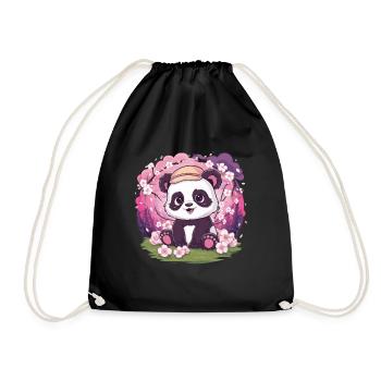 Kawaii Panda with Cherry Blossoms - Drawstring Bag - black - Front