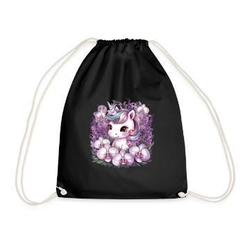 Kawaii Unicorn with Orchids - Drawstring Bag - black - Front