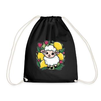 Kawaii Cartoon Schaf mit Zitronen und Tulpen - Turnbeutel - Schwarz - Vorne