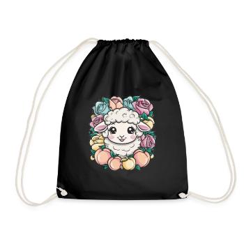 Kawaii sheep with peaches and roses - Drawstring Bag - black - Front