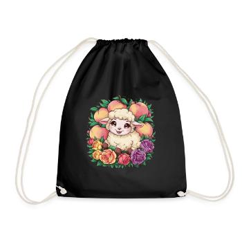 Kawaii sheep with peaches and roses - Drawstring Bag - black - Front