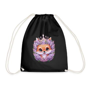Kawaii Fuchs mit Krone und violetten Blumen - Turnbeutel - Schwarz - Vorne