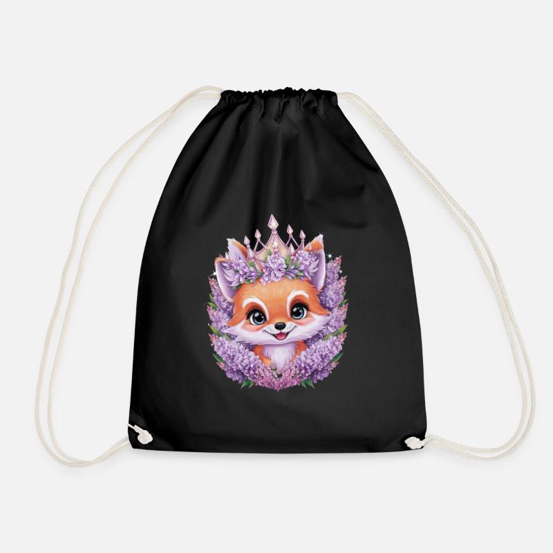 Kawaii Fox with Crown and Purple Flowers - Drawstring Bag - black