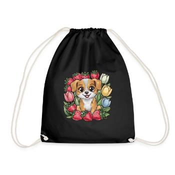 Kawaii Cartoon Hund mit Erdbeeren und Tulpen - Turnbeutel - Schwarz - Vorne