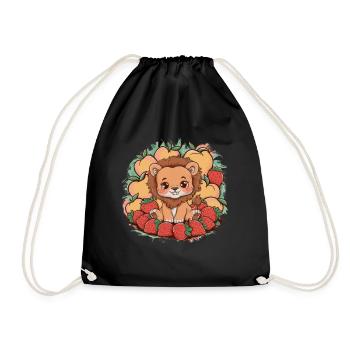 Kawaii Löwe mit Erdbeeren und Pfirsichen - Turnbeutel - Schwarz - Vorne