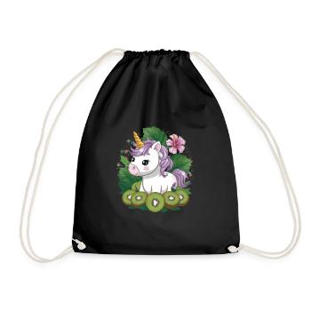 Cartoon Kawaii Einhorn mit Kiwi und Hibiskus - Turnbeutel - Schwarz - Vorne