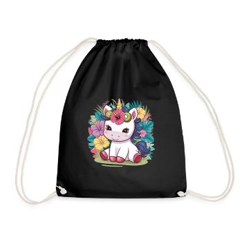 Cartoon Kawaii Einhorn mit Kiwi und Hibiskus - Turnbeutel - Schwarz - Vorne