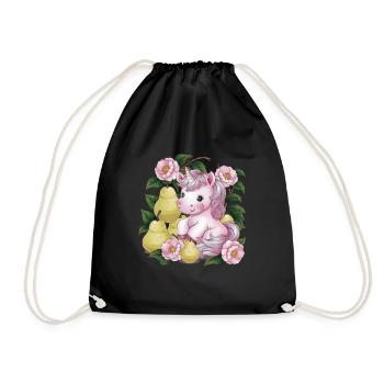 Licorne Kawaii avec Poires & Fleurs - Sac de sport léger - noir - Devant