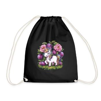 Licorne Kawaii avec des prunes et des fleurs - Sac de sport léger - noir - Devant