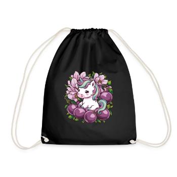 Licorne Kawaii avec des prunes et des fleurs - Sac de sport léger - noir - Devant