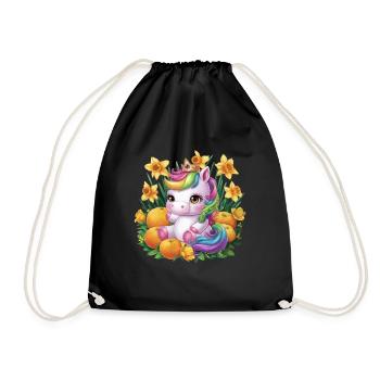 Kawaii Unicorn with Oranges and Daffodils - Drawstring Bag - black - Front