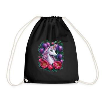 Licorne Kawaii avec des prunes et des fleurs - Sac de sport léger - noir - Devant