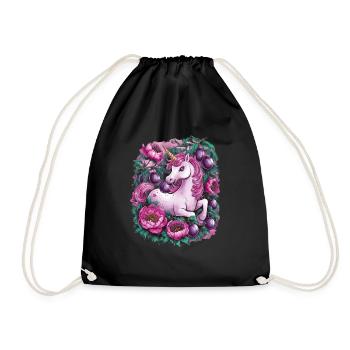 Licorne Kawaii avec des prunes et des fleurs - Sac de sport léger - noir - Devant