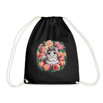 Cartoon Kawaii Chinchilla with Roses and Peach - Drawstring Bag - black - Front