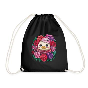 Kawaii duck with colorful roses - Drawstring Bag - black - Front