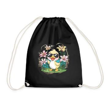 Kawaii ducklings with colorful lilies - Drawstring Bag - black - Front