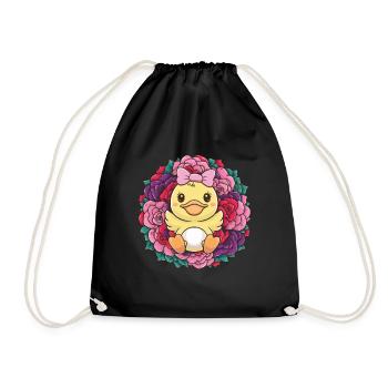 Kawaii duck with colorful roses - Drawstring Bag - black - Front