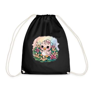 Kawaii ducklings with colorful lilies - Drawstring Bag - black - Front