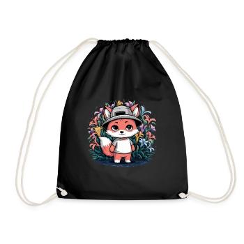 Cartoon kawaii fox with colorful lilies - Drawstring Bag - black - Front