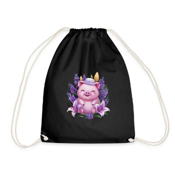 Pig in Kawaii Cartoon Style with Lavender - Drawstring Bag - black - Front
