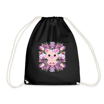 Pig in cartoon kawaii style with orchids - Drawstring Bag - black - Front