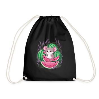 Cute Kawaii Mouse with Melon and Lavender - Drawstring Bag - black - Front