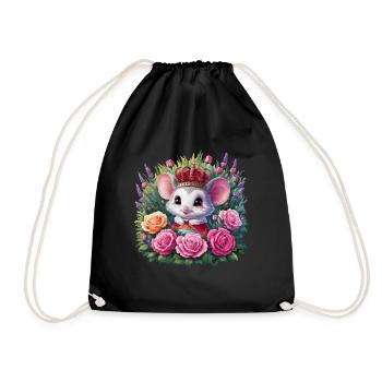 Kawaii mouse with crown and magnificent roses - Drawstring Bag - black - Front