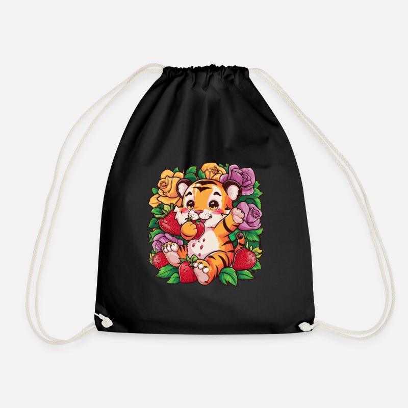 Kawaii Tiger mit Erdbeeren und Rosen - Turnbeutel - Schwarz
