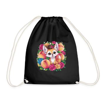 Kawaii Fennec Desert Fox with Peaches - Drawstring Bag - black - Front