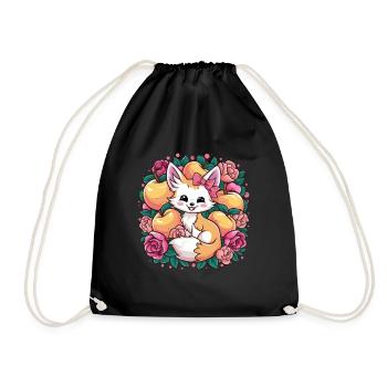 Kawaii Fennec Desert Fox with Peaches - Drawstring Bag - black - Front