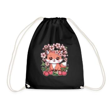 Renard kawaii avec des cerises et des fleurs de cerisier Sakura - Sac de sport léger - noir - Devant
