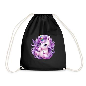 Kawaii Unicorn with Violet Flowers - Drawstring Bag - black - Front