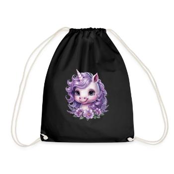 Kawaii Unicorn with Violet Flowers - Drawstring Bag - black - Front