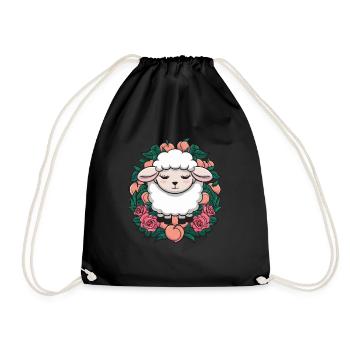 Kawaii sheep with peaches and roses - Drawstring Bag - black - Front