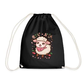 Kawaii Schaf mit Kirschen & Sakura Kirschblüten - Turnbeutel - Schwarz - Vorne