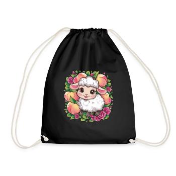 Kawaii sheep with peaches and roses - Drawstring Bag - black - Front
