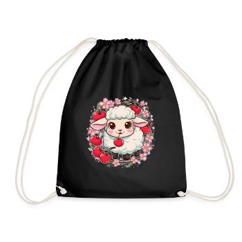 Kawaii Schaf mit Kirschen & Sakura Kirschblüten - Turnbeutel - Schwarz - Vorne