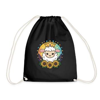 Kawaii Schaf mit Krone, Sonnenblumen & Lavendel - Turnbeutel - Schwarz - Vorne