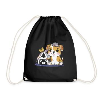 Kawaii Cartoon Dog with Onigiri Rice Balls - Drawstring Bag - black - Front