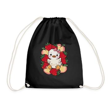 Cartoon Kawaii Duckling with Peaches, Strawberries - Drawstring Bag - black - Front